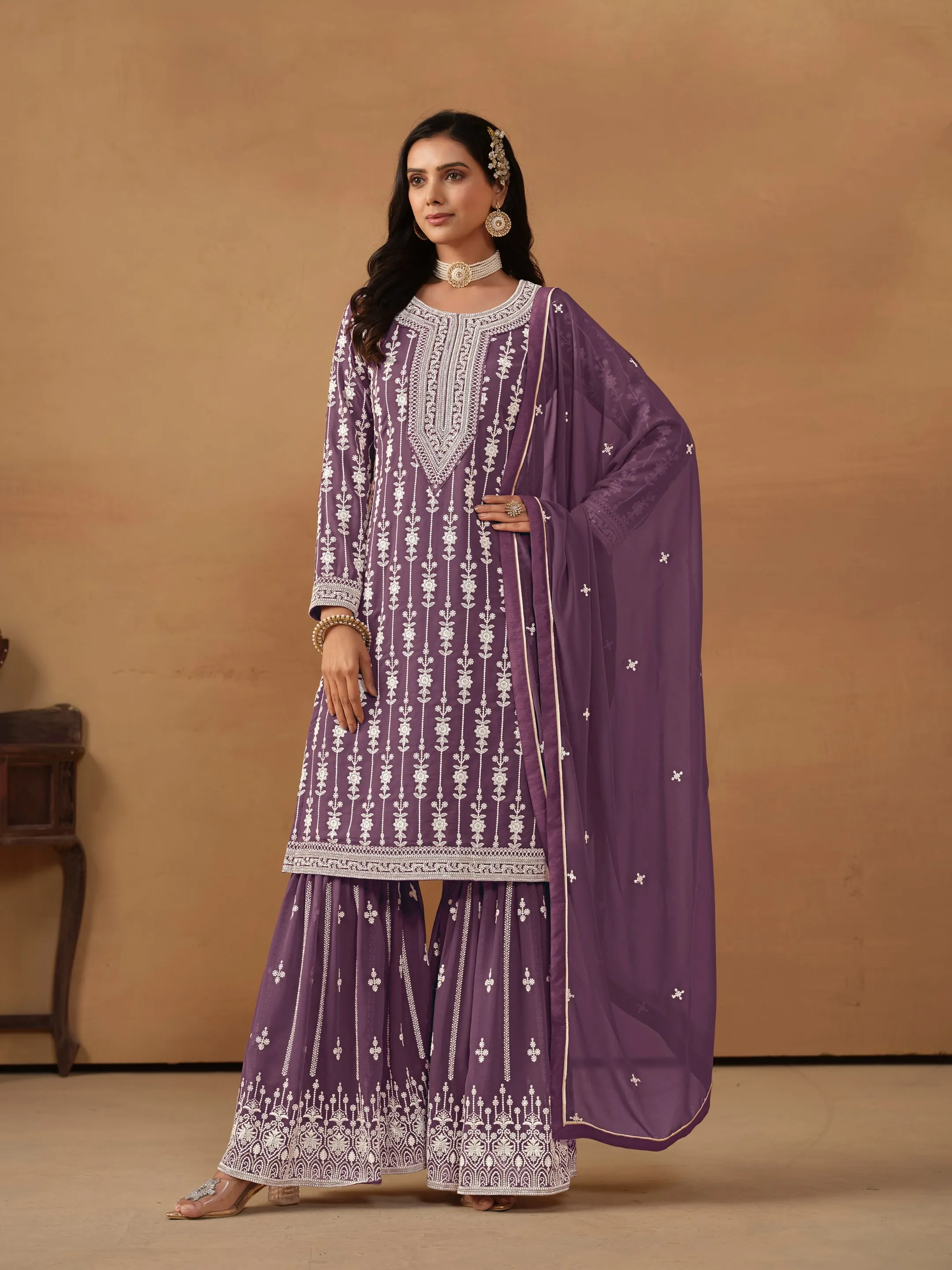Purple Real Pure Faux Georgette Heavy Embroidered Palazzo Suit