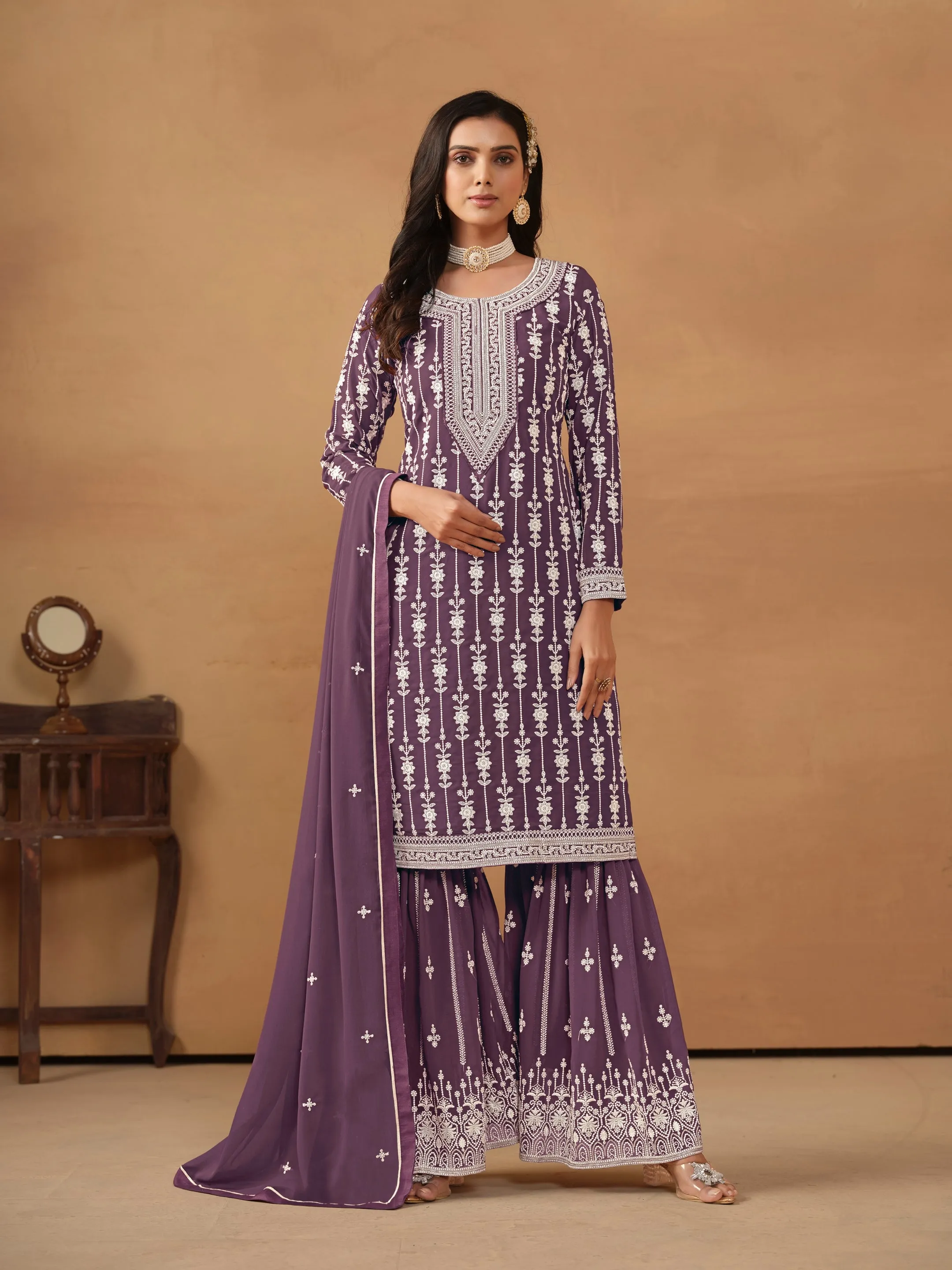 Purple Real Pure Faux Georgette Heavy Embroidered Palazzo Suit