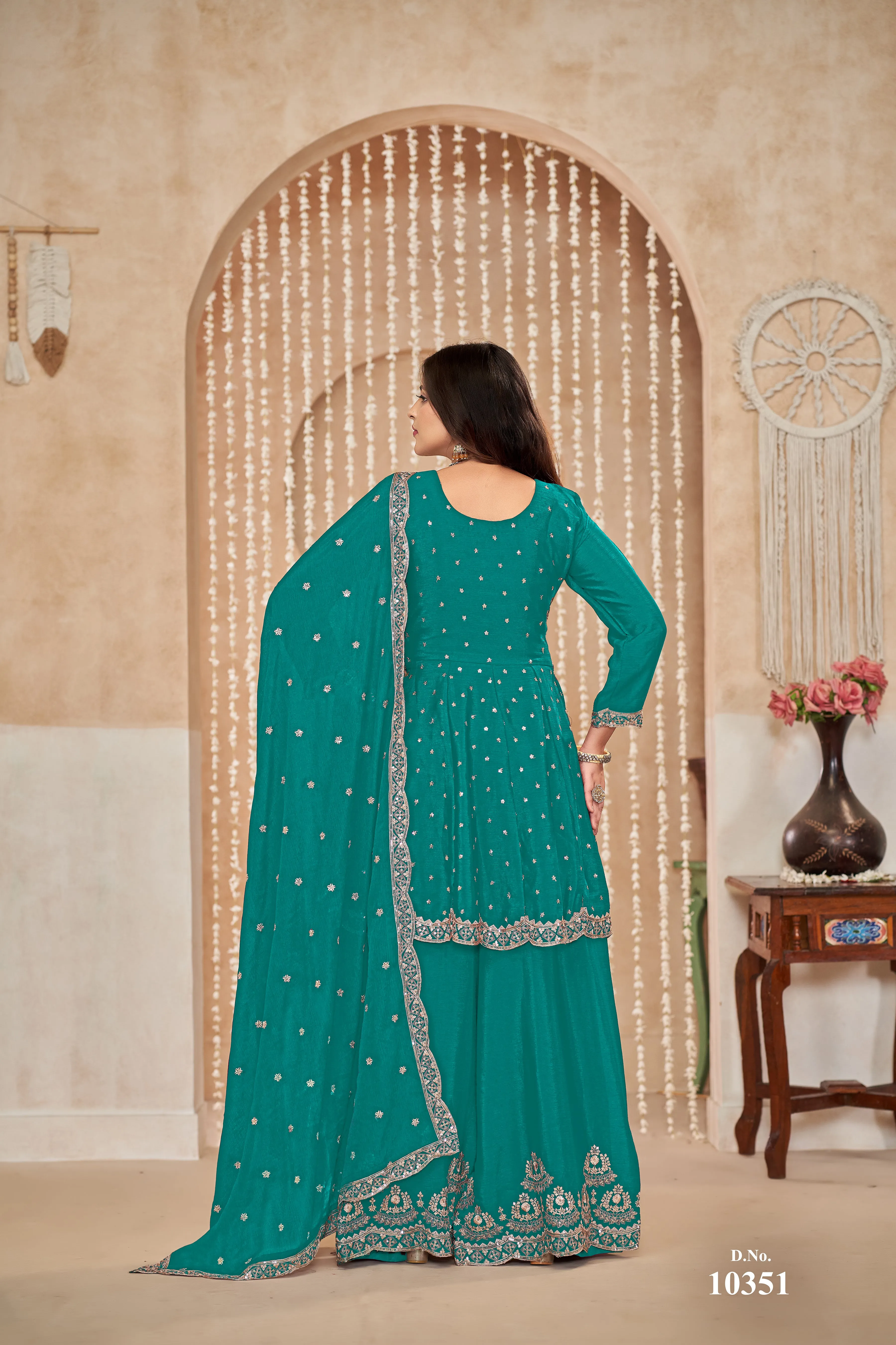 Rama Green Real Pure Chinnon Silk Embroidered Palazzo Suit