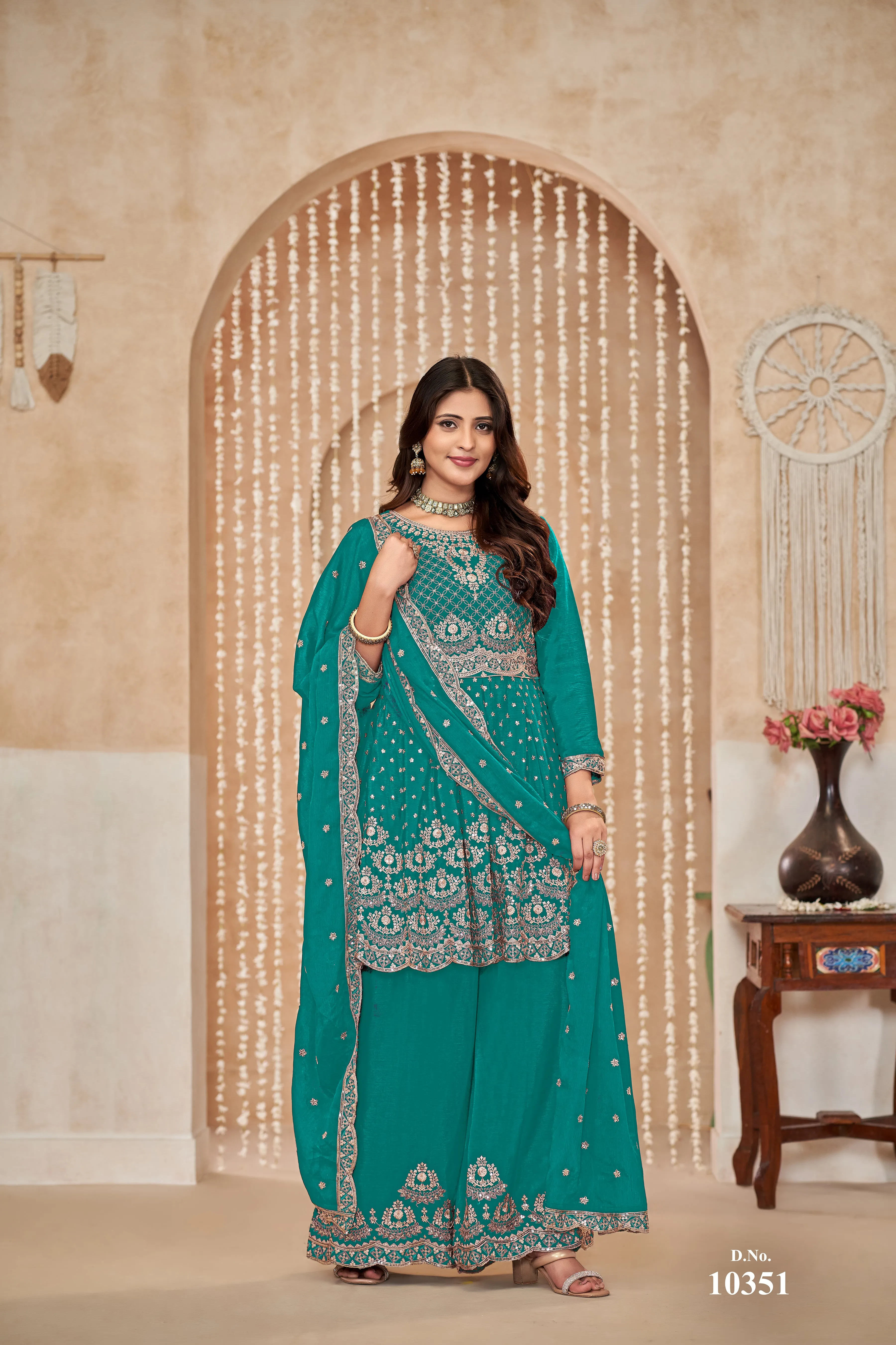 Rama Green Real Pure Chinnon Silk Embroidered Palazzo Suit
