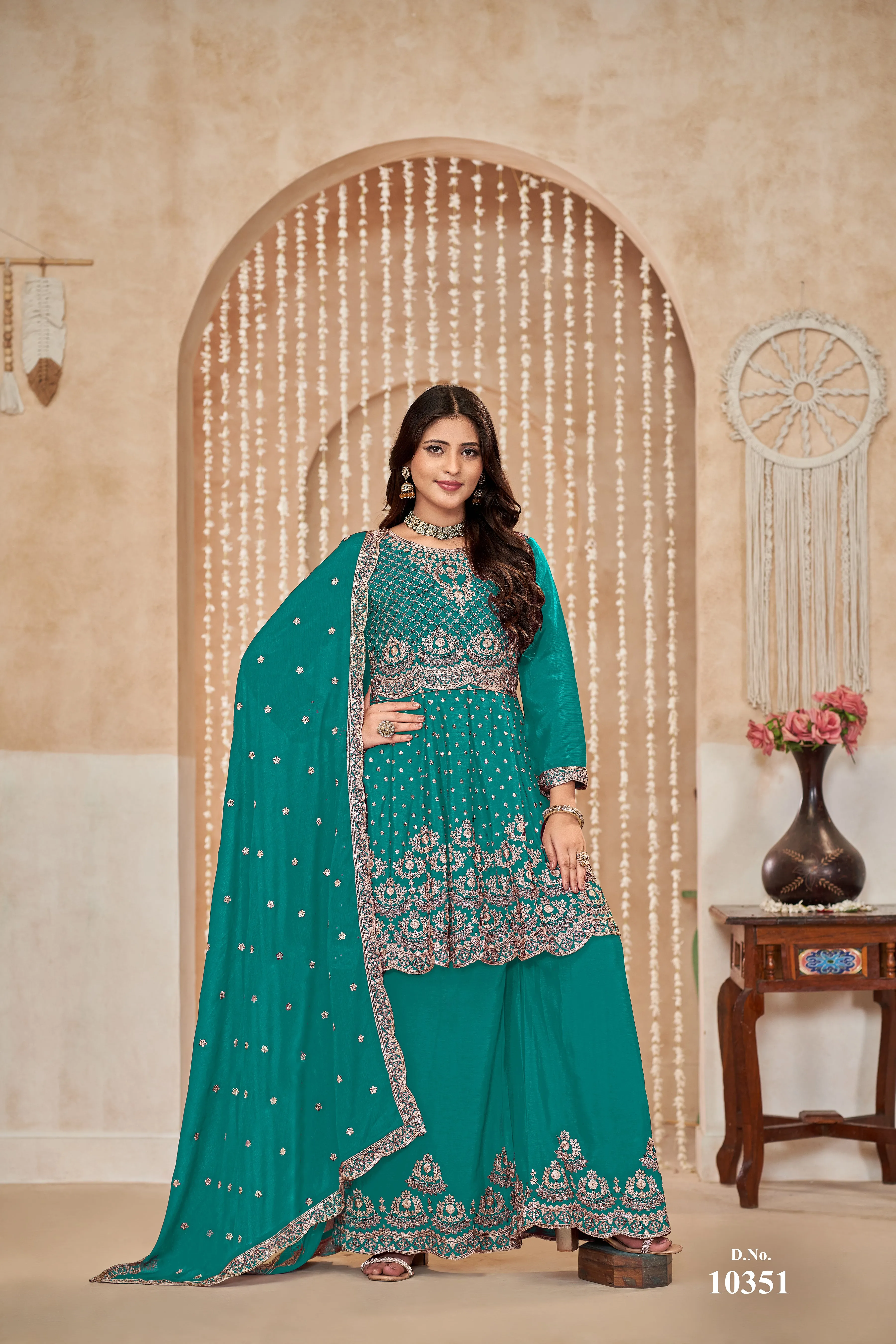 Rama Green Real Pure Chinnon Silk Embroidered Palazzo Suit