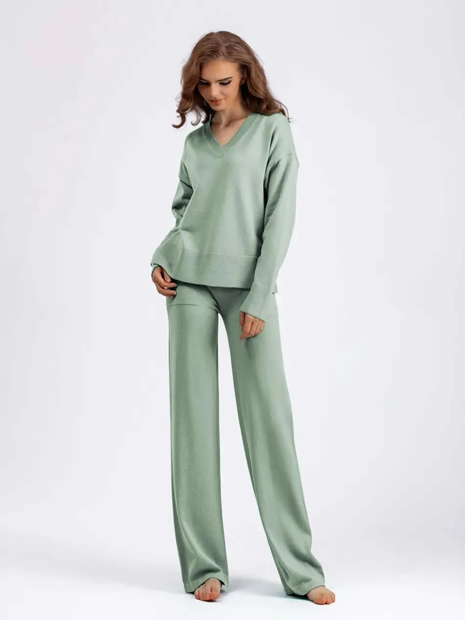 Women's V-Neck Sweater & Wide Leg Trousers Set