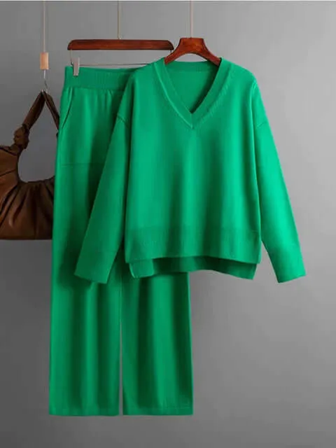 Women's V-Neck Sweater & Wide Leg Trousers Set