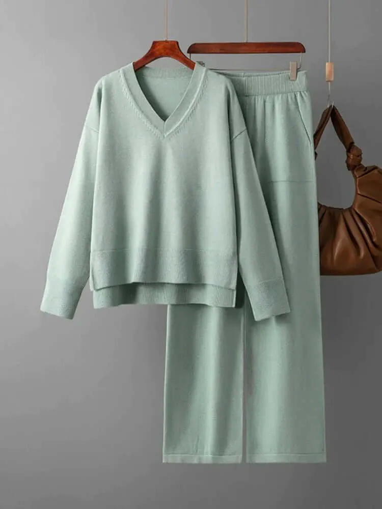 Women's V-Neck Sweater & Wide Leg Trousers Set