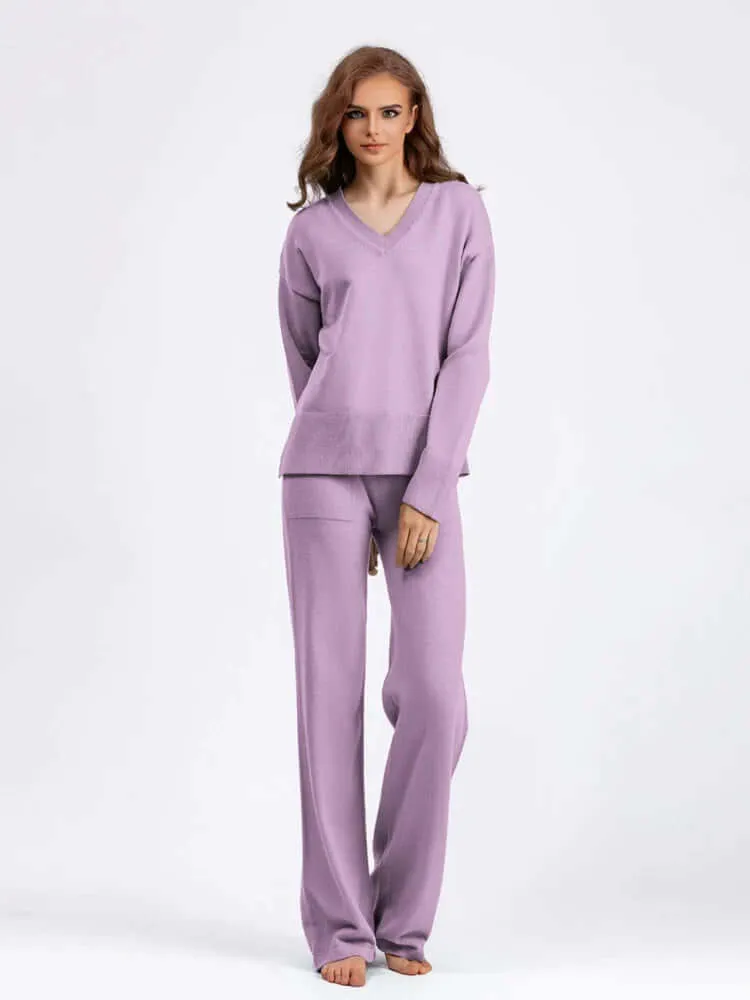 Women's V-Neck Sweater & Wide Leg Trousers Set