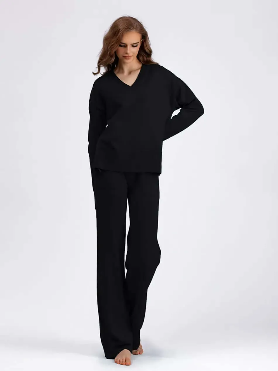Women's V-Neck Sweater & Wide Leg Trousers Set
