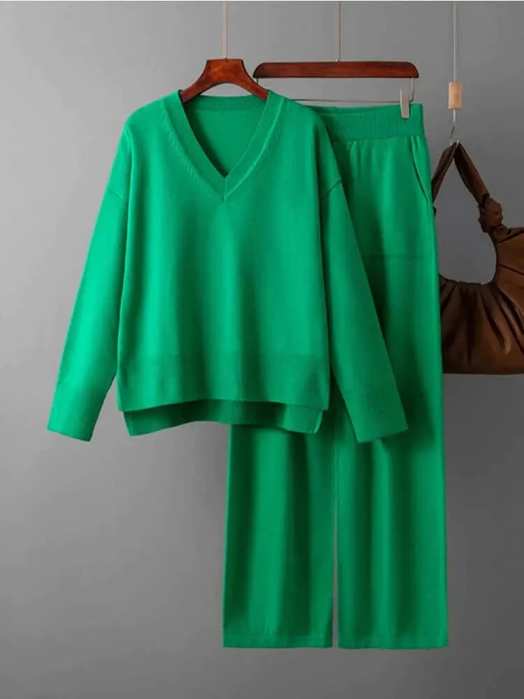 Women's V-Neck Sweater & Wide Leg Trousers Set