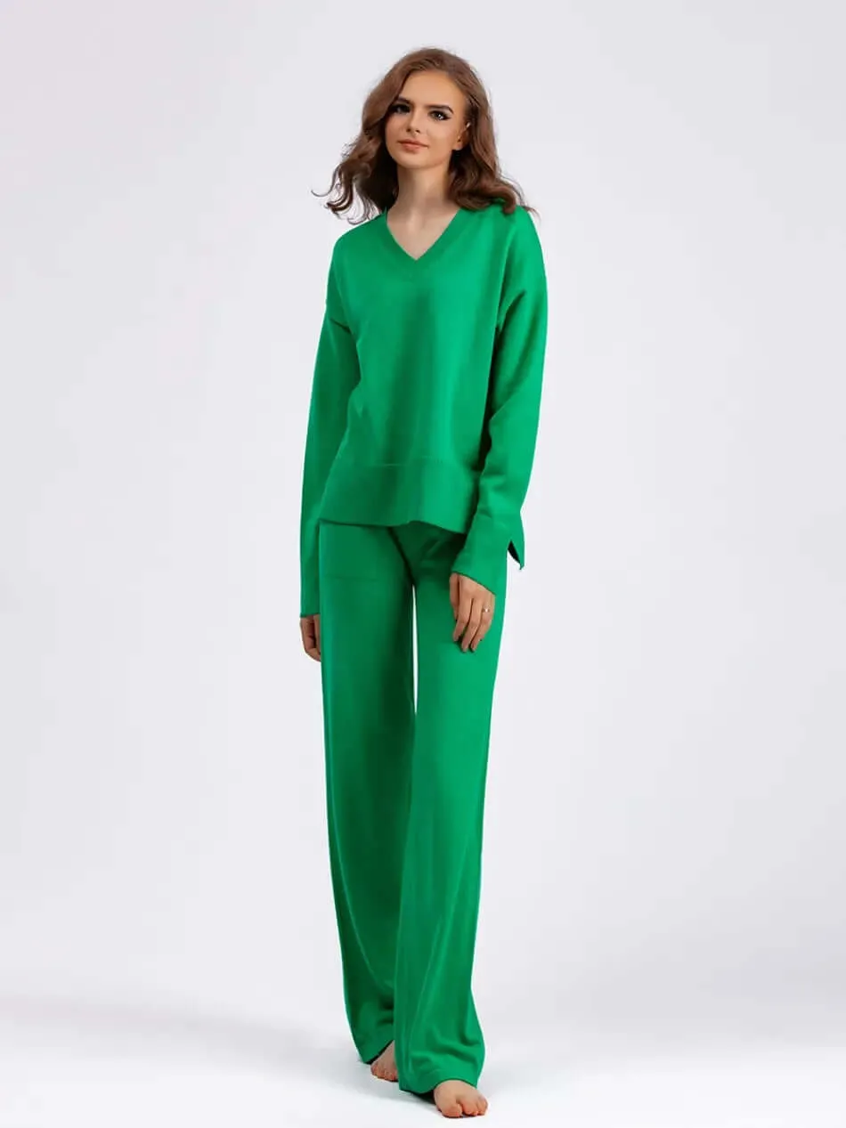 Women's V-Neck Sweater & Wide Leg Trousers Set