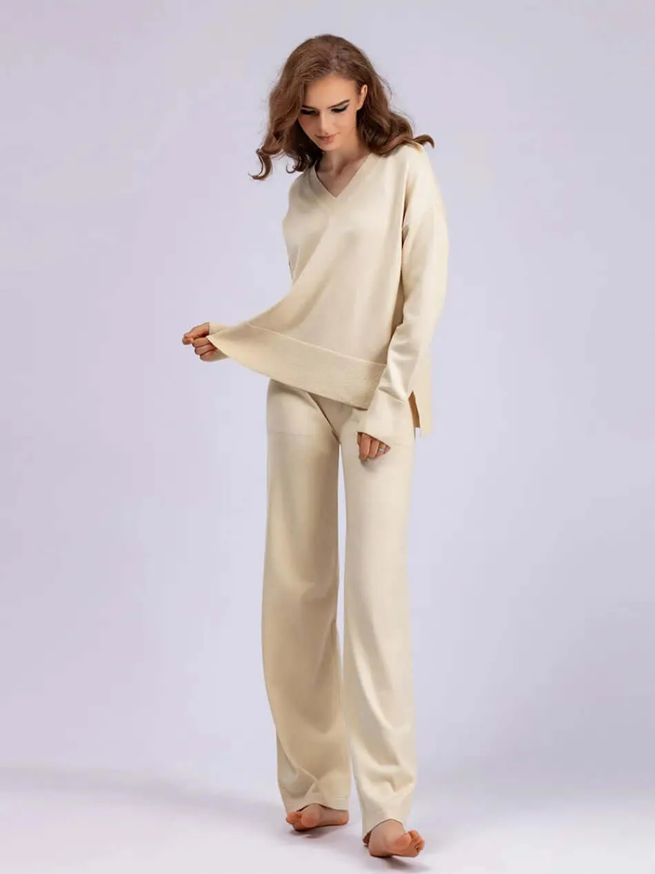 Women's V-Neck Sweater & Wide Leg Trousers Set