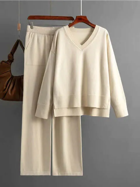 Women's V-Neck Sweater & Wide Leg Trousers Set