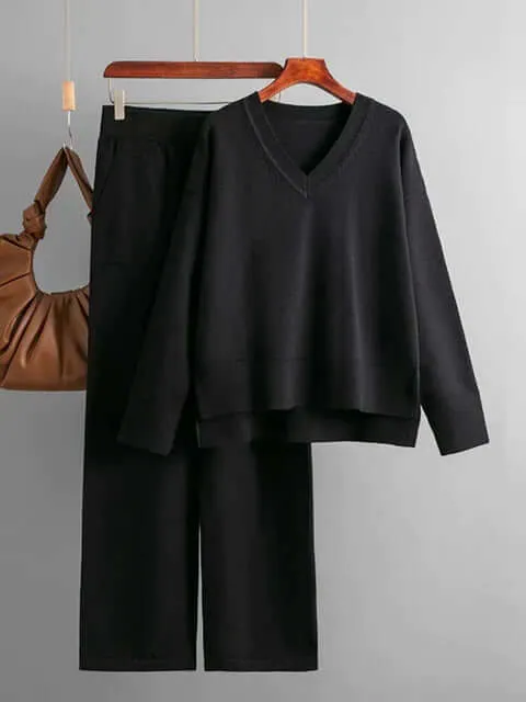Women's V-Neck Sweater & Wide Leg Trousers Set