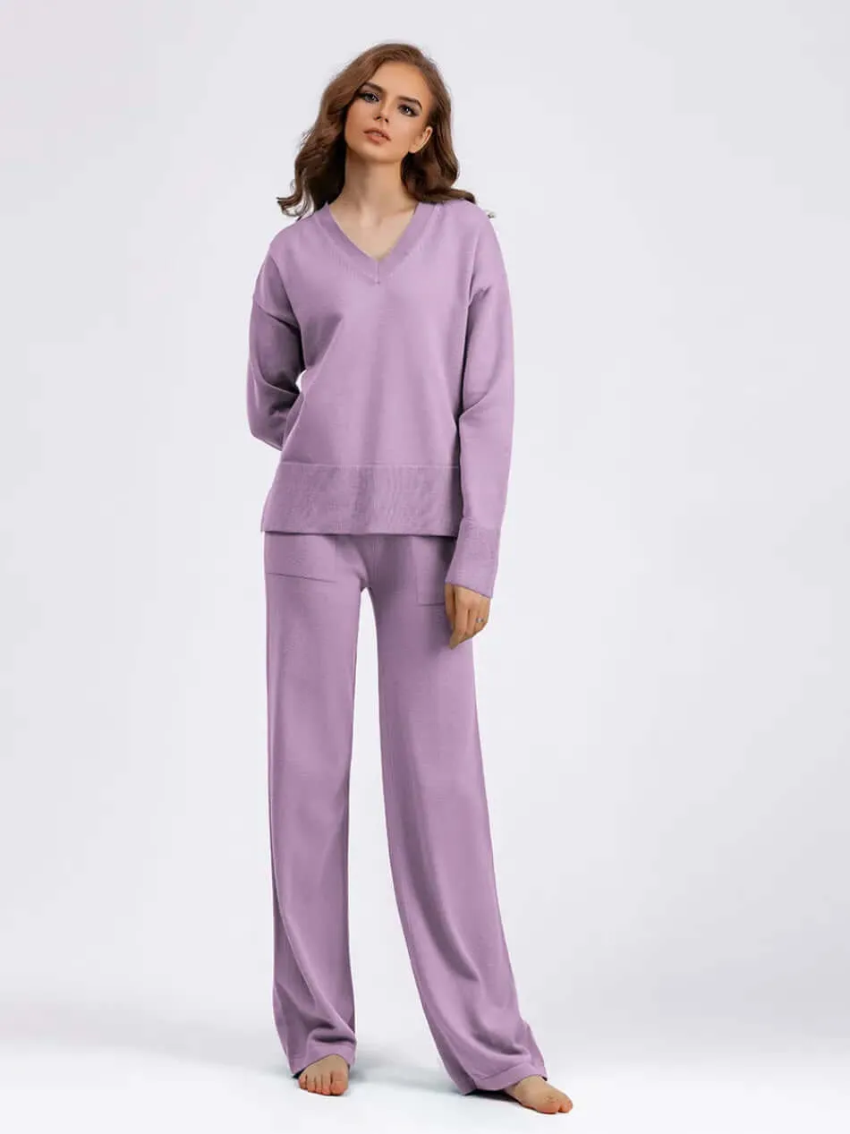 Women's V-Neck Sweater & Wide Leg Trousers Set