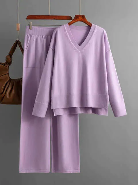 Women's V-Neck Sweater & Wide Leg Trousers Set
