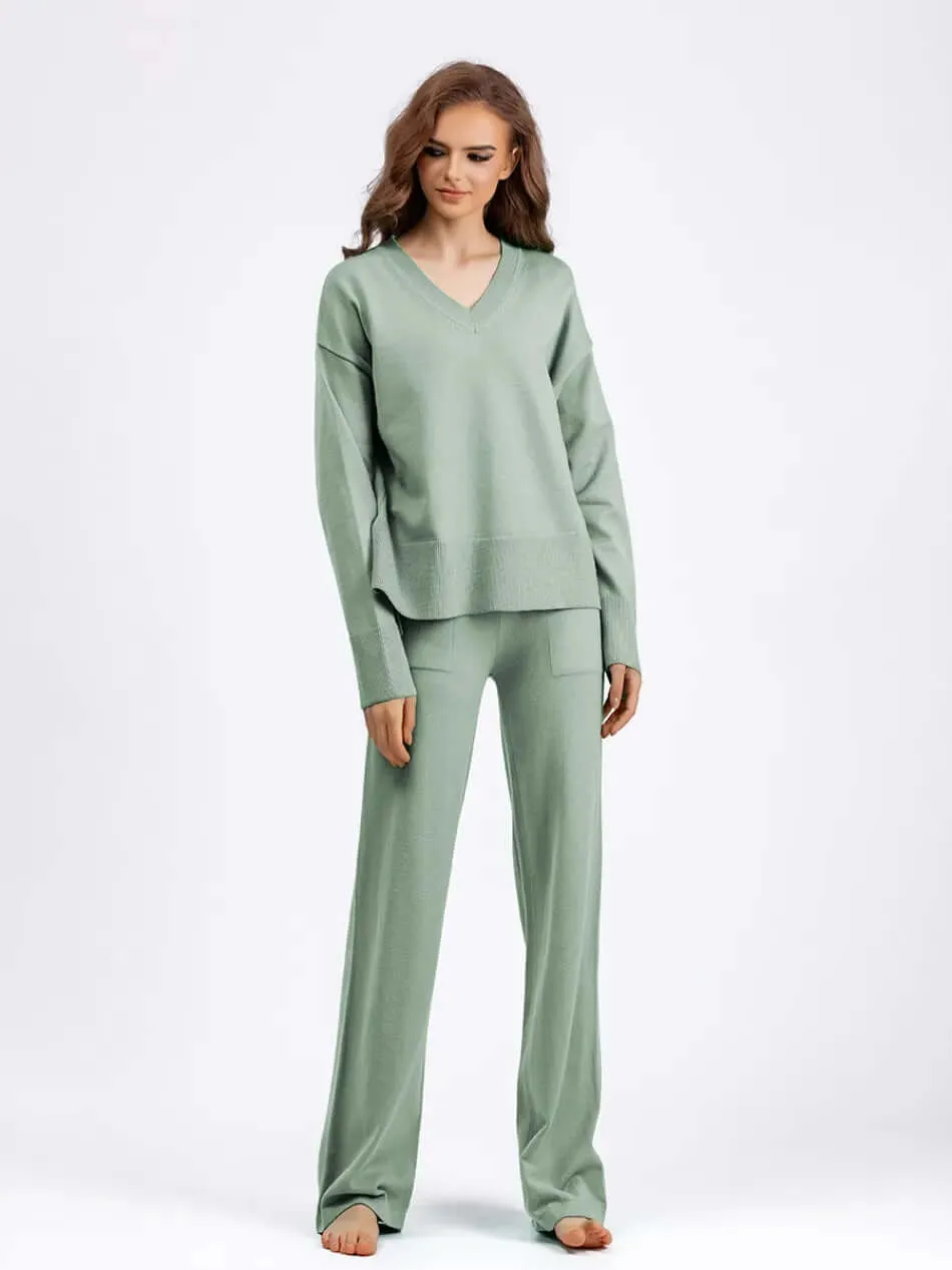 Women's V-Neck Sweater & Wide Leg Trousers Set