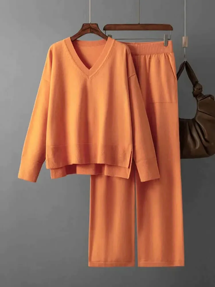 Women's V-Neck Sweater & Wide Leg Trousers Set