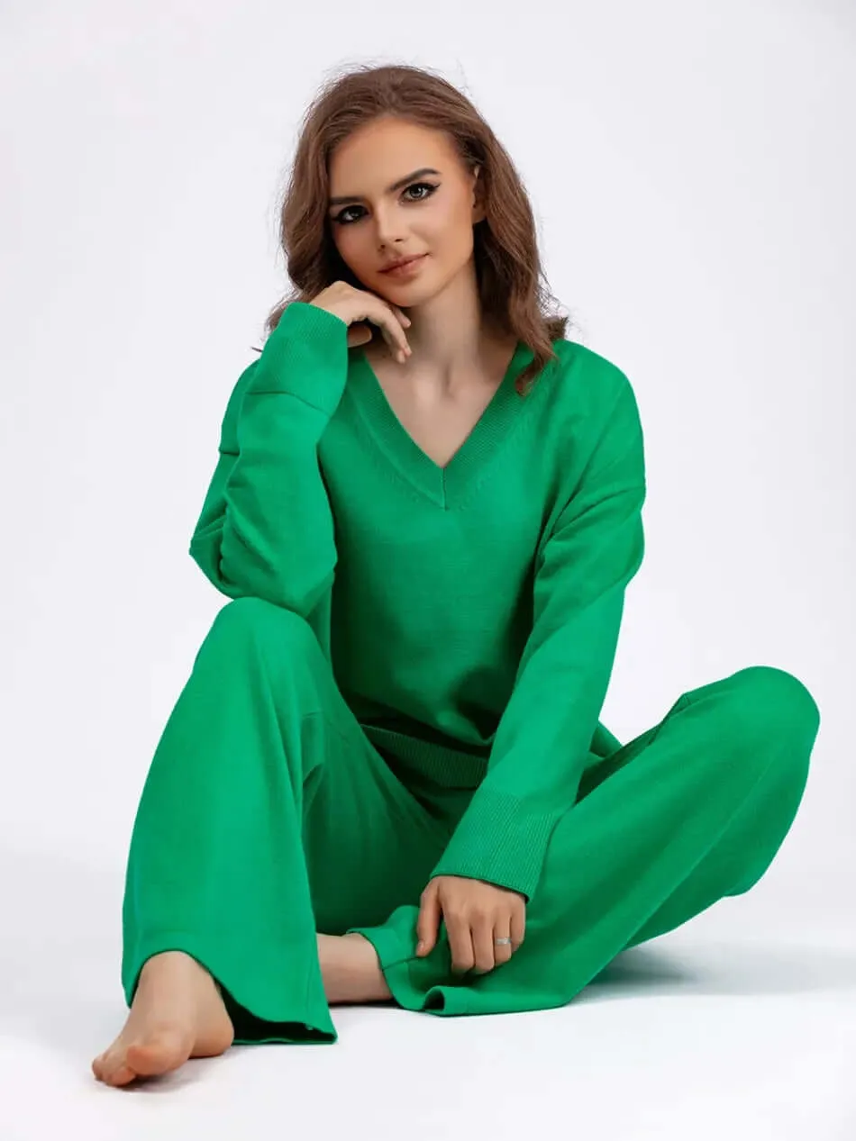 Women's V-Neck Sweater & Wide Leg Trousers Set