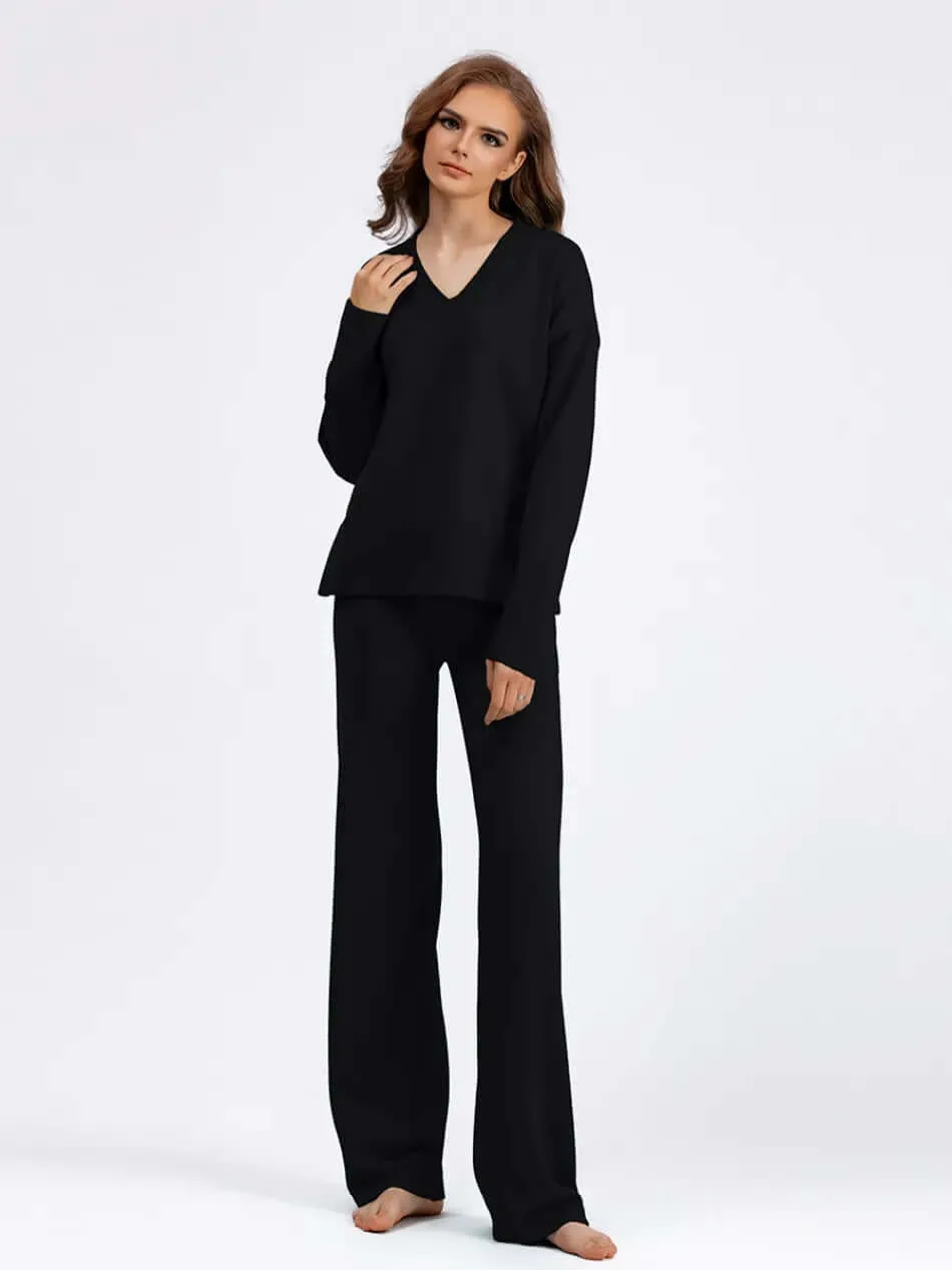 Women's V-Neck Sweater & Wide Leg Trousers Set