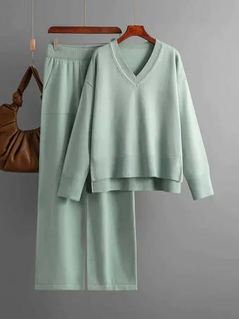 Women's V-Neck Sweater & Wide Leg Trousers Set