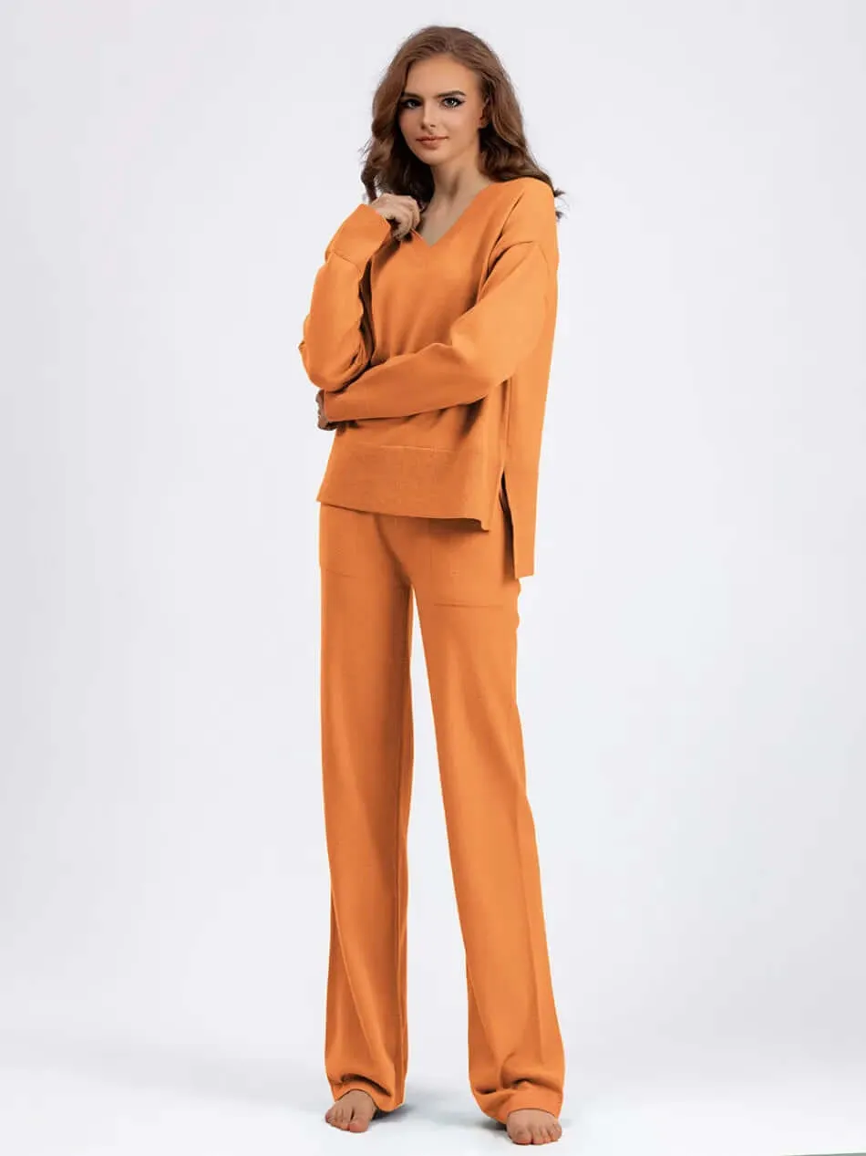 Women's V-Neck Sweater & Wide Leg Trousers Set