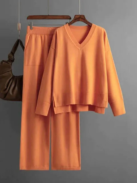 Women's V-Neck Sweater & Wide Leg Trousers Set