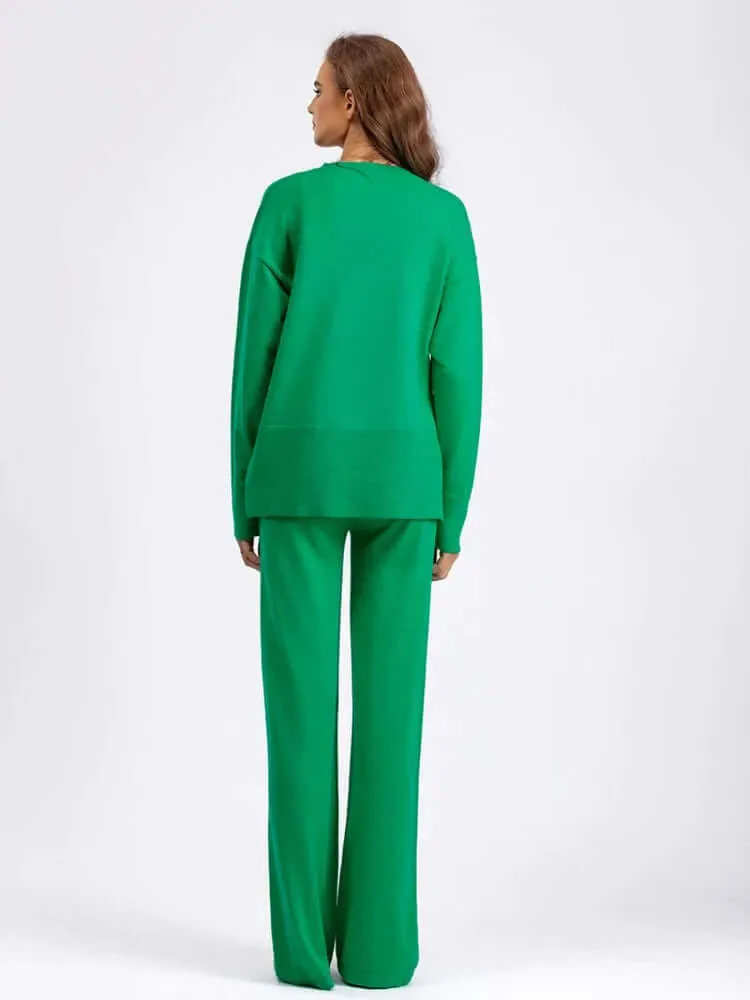 Women's V-Neck Sweater & Wide Leg Trousers Set