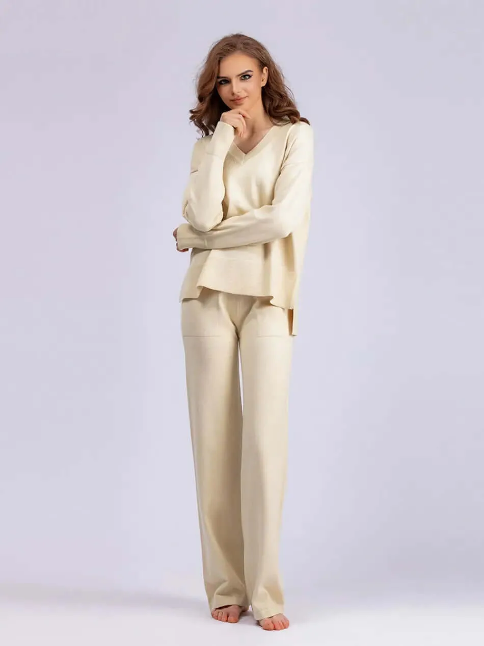 Women's V-Neck Sweater & Wide Leg Trousers Set