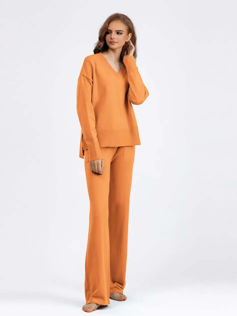Women's V-Neck Sweater & Wide Leg Trousers Set