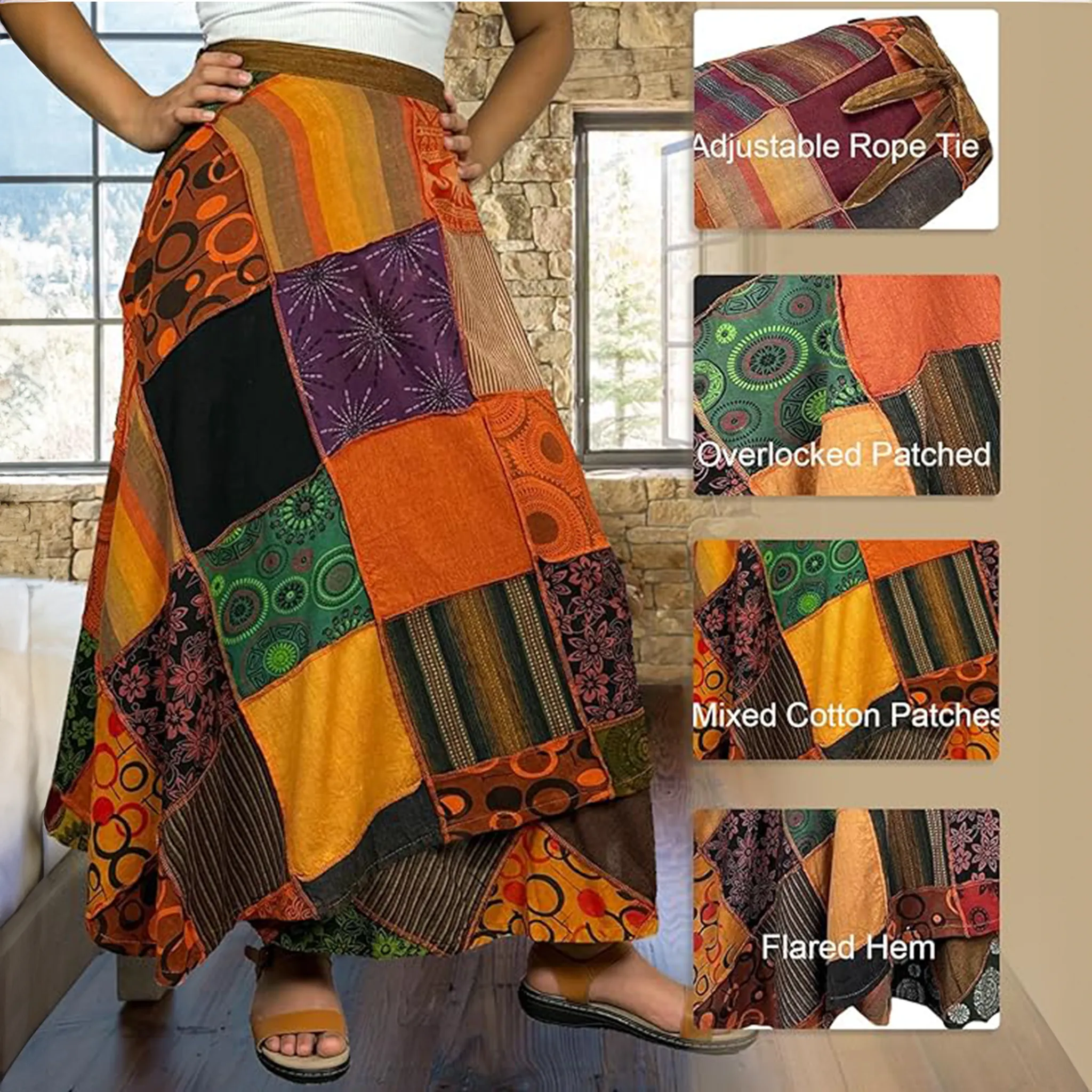 WS 411 Women's Hippie Long Wrap Patch Cotton Boho Renaissance Skirt Maxi