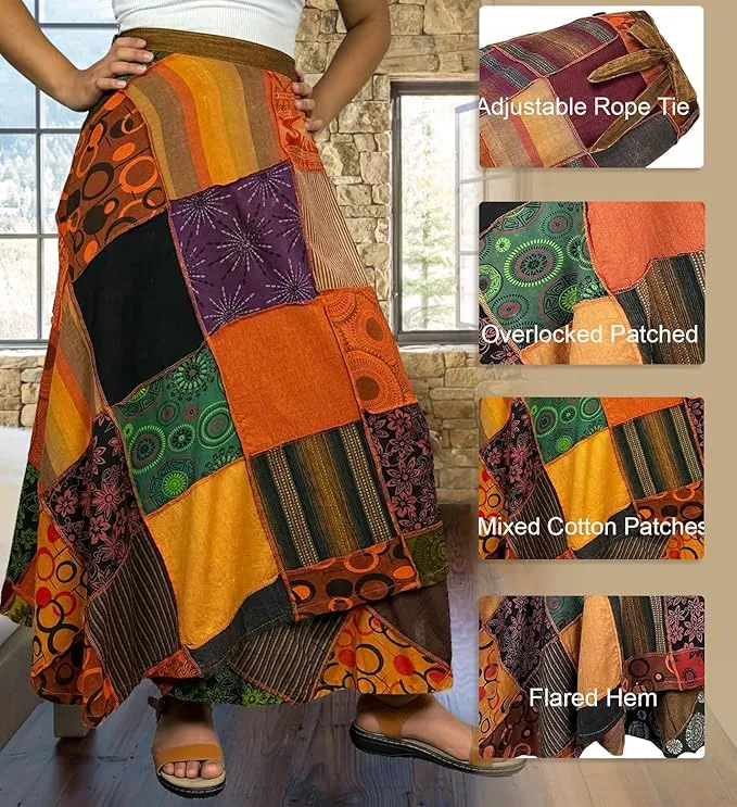 WS 411 Women's Hippie Long Wrap Patch Cotton Boho Renaissance Skirt Maxi